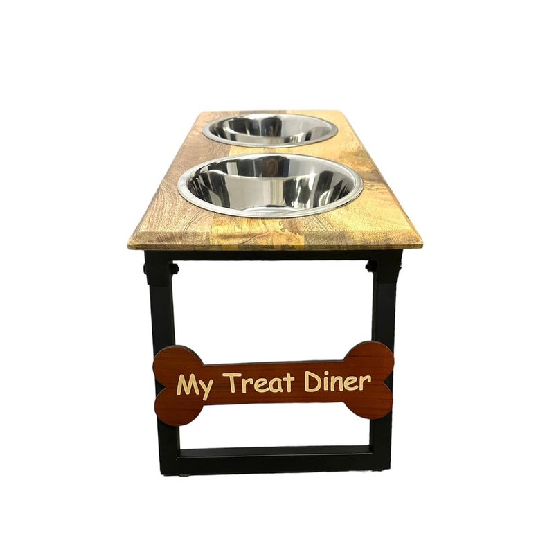 DOGTOWN Elevated Wooden Dog Bowl Stand with Dual Stainless Steel Bowls, My Treat Diner Engraved, Adjustable and Foldable Pet Feeding Station (Large) - Image 2