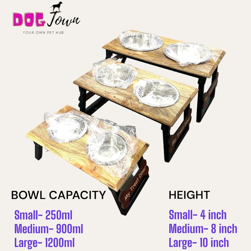 DOGTOWN Elevated Wooden Dog Bowl Stand with Dual Stainless Steel Bowls, My Treat Diner Engraved, Adjustable and Foldable Pet Feeding Station (Large) - Image 4