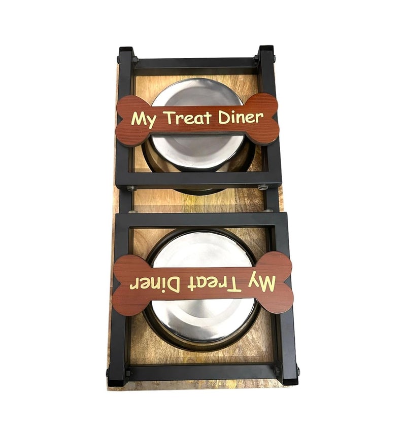 DOGTOWN Elevated Wooden Dog Bowl Stand with Dual Stainless Steel Bowls, My Treat Diner Engraved, Adjustable and Foldable Pet Feeding Station (Large) - Image 3