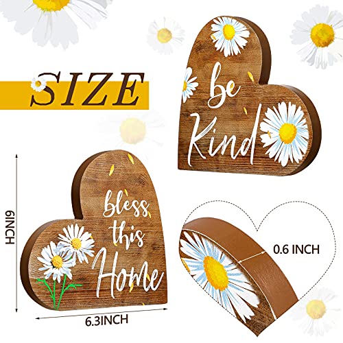 Jetec 2 Pcs Rustic Table Decorations for Living Room Home Farmhouse Table Centerpieces Small Love Wooden Heart Decor for Dining Room Shelf Housewarming Gifts New House Decoration(Daisy Style) - Image 3