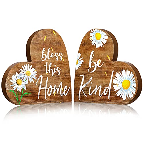 Jetec 2 Pcs Rustic Table Decorations for Living Room Home Farmhouse Table Centerpieces Small Love Wooden Heart Decor for Dining Room Shelf Housewarming Gifts New House Decoration(Daisy Style) - Image 1