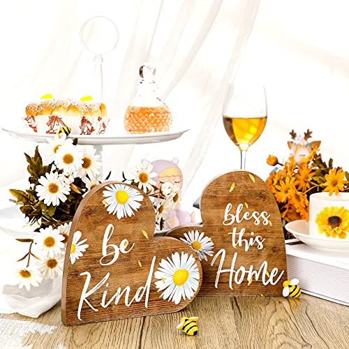 Jetec 2 Pcs Rustic Table Decorations for Living Room Home Farmhouse Table Centerpieces Small Love Wooden Heart Decor for Dining Room Shelf Housewarming Gifts New House Decoration(Daisy Style) - Image 2