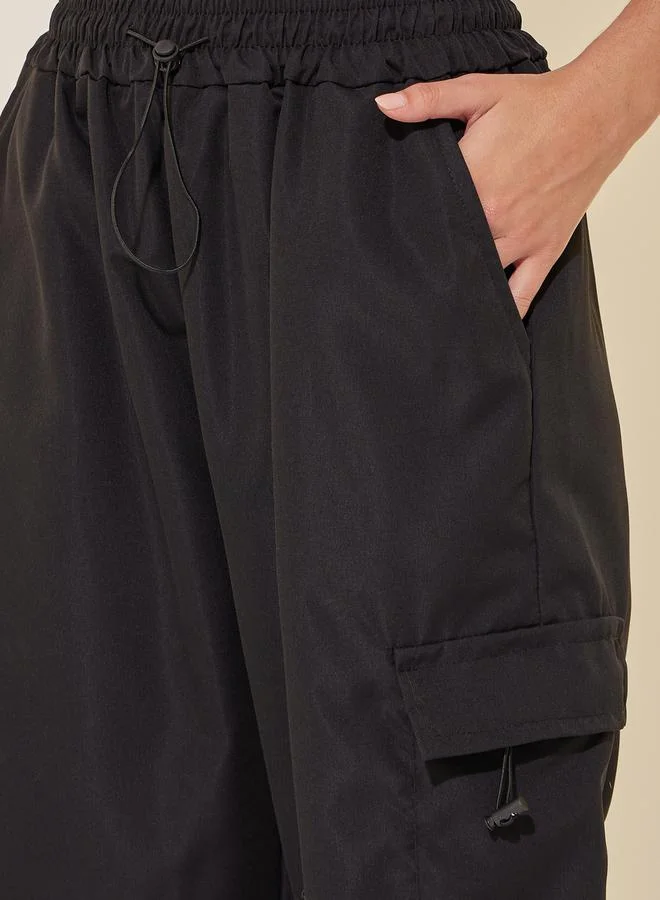 تايك تو Solid Wide Leg Cargo Pants with Drawstring