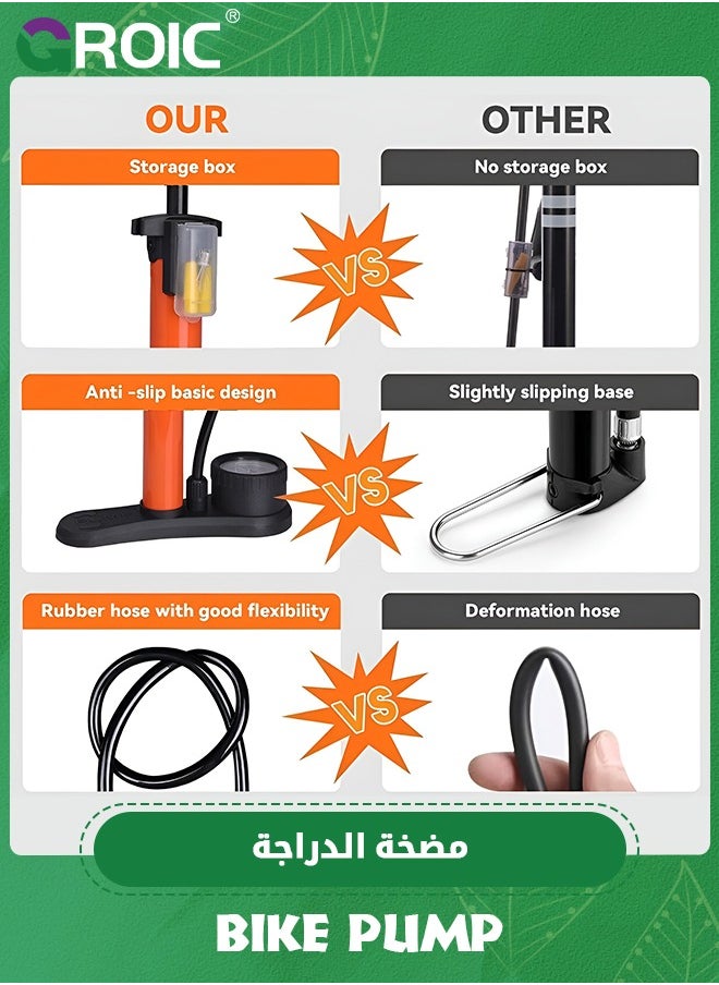 GROIC Bike Pump with Pressure Gauge - Bicycle Air Pump for All Valves - 11 Bar / 160 Psi Bike Floor Pump - Bike Tire Pump for e-Bikes, Mountain Bikes - Bicycle Pump for Presta Valve  - Image 2