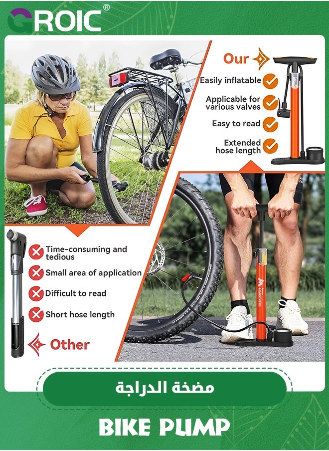 GROIC Bike Pump with Pressure Gauge - Bicycle Air Pump for All Valves - 11 Bar / 160 Psi Bike Floor Pump - Bike Tire Pump for e-Bikes, Mountain Bikes - Bicycle Pump for Presta Valve  - Image 3