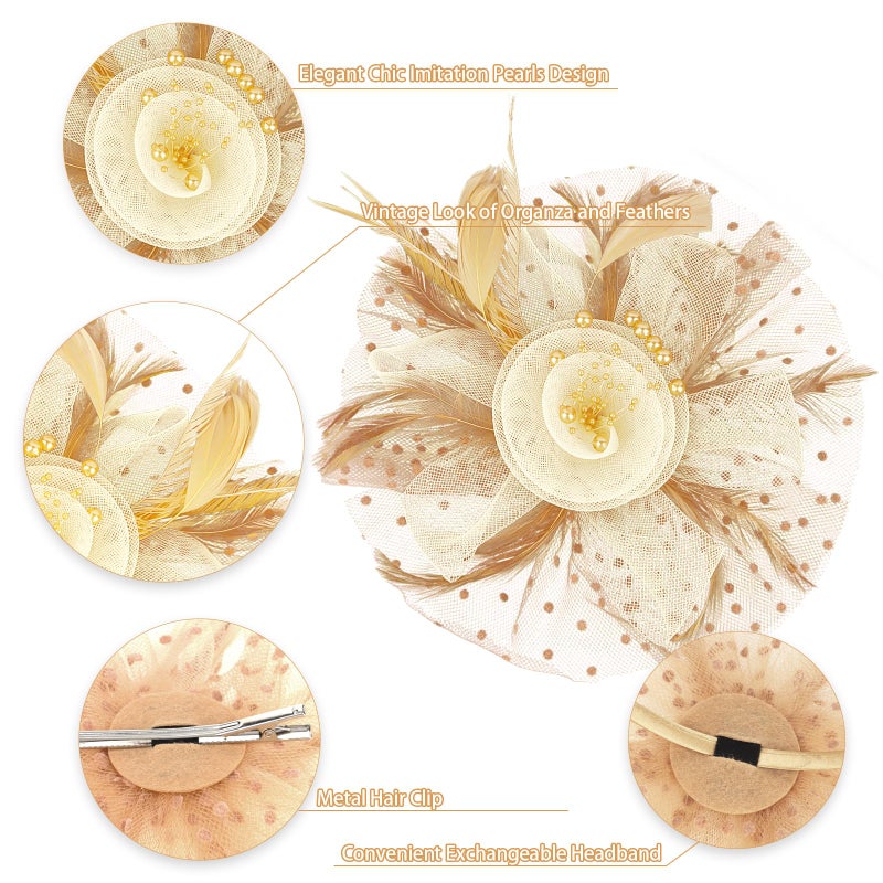 Uintoon Fascinators Hats for Women Tea Party Vintage Hat Fascinator Headband Flower Hat Fascinator Hats Feather Headband Tea Party Accessories for Women Girls Khaki - Image 2