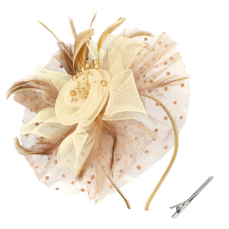 Uintoon Fascinators Hats for Women Tea Party Vintage Hat Fascinator Headband Flower Hat Fascinator Hats Feather Headband Tea Party Accessories for Women Girls Khaki - Image 1