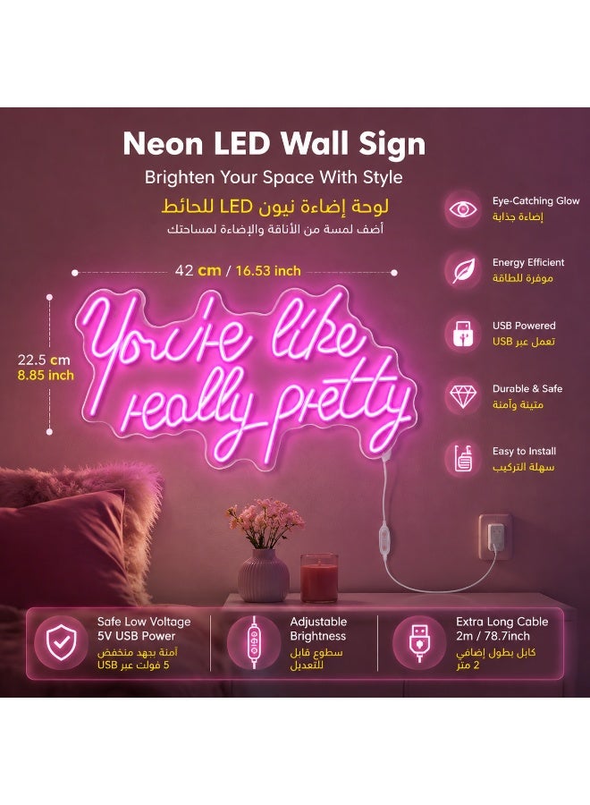 لوحة نيون "You're like really pretty" LED تعمل بـ USB - ديكور وردي رومانسي لغرف النوم وحفلات الزفاف، إضاءة قابلة للتحكم وهدية مميزة للنساء. - Image 2