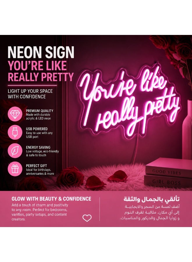لوحة نيون "You're like really pretty" LED تعمل بـ USB - ديكور وردي رومانسي لغرف النوم وحفلات الزفاف، إضاءة قابلة للتحكم وهدية مميزة للنساء. - Image 5