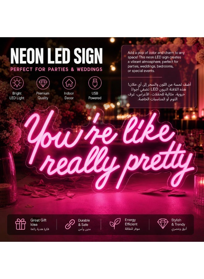 لوحة نيون "You're like really pretty" LED تعمل بـ USB - ديكور وردي رومانسي لغرف النوم وحفلات الزفاف، إضاءة قابلة للتحكم وهدية مميزة للنساء. - Image 4