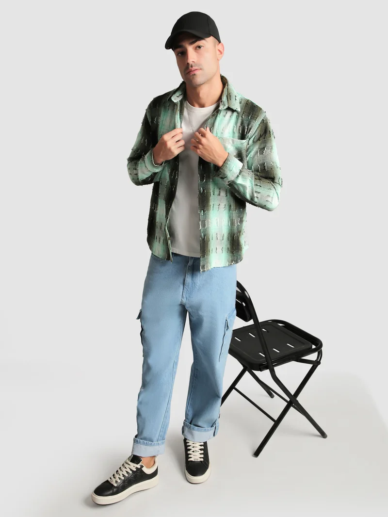 Beyoung Green Frayed Check Shirt