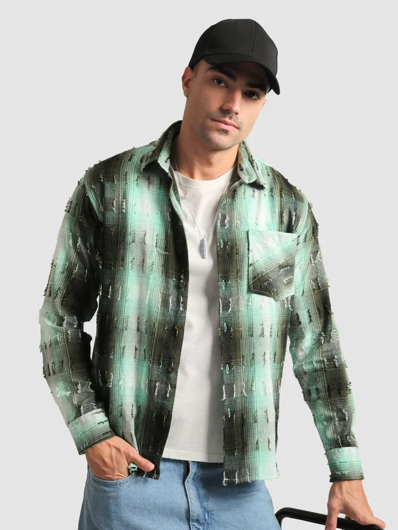 Beyoung Green Frayed Check Shirt