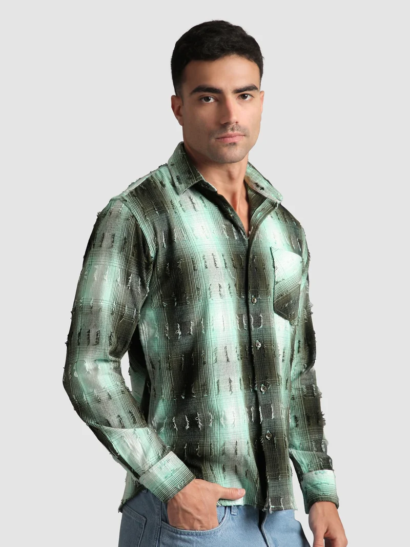 Beyoung Green Frayed Check Shirt