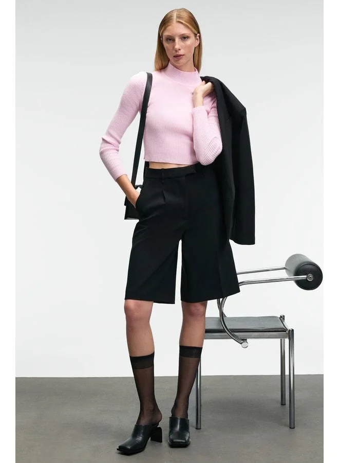 GRIMELANGE CALIDA Women's Straight-Collar Ribbed-Look Slim Fit Knit Pink Sweater.
