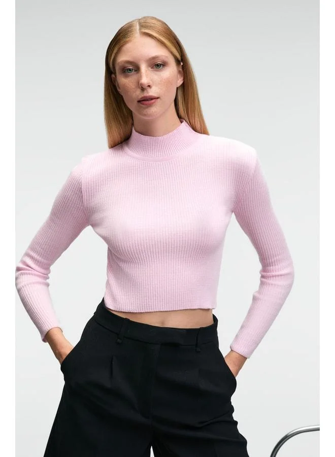 GRIMELANGE CALIDA Women's Straight-Collar Ribbed-Look Slim Fit Knit Pink Sweater.