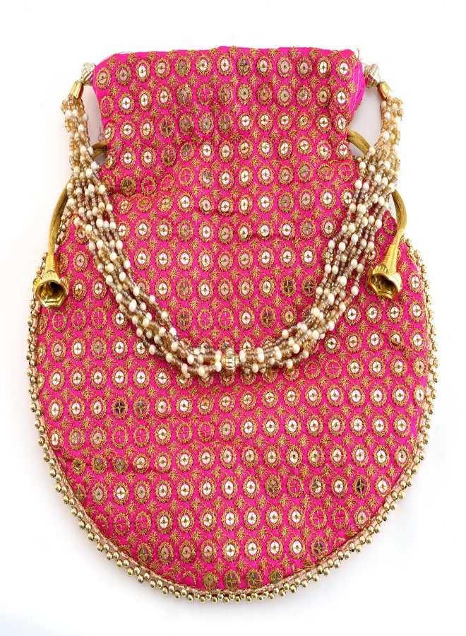 SUMERA WARQ Potli Bag Golden work wedding potli for ladies Gift for women handbags traditional Indian Wristlet with Drawstring Ethnic Embroidery Fashion Potli. (Pink) - Image 5