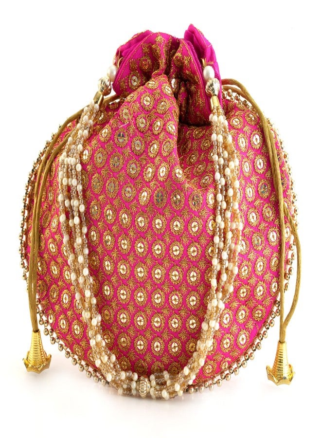 SUMERA WARQ Potli Bag Golden work wedding potli for ladies Gift for women handbags traditional Indian Wristlet with Drawstring Ethnic Embroidery Fashion Potli. (Pink) - Image 1