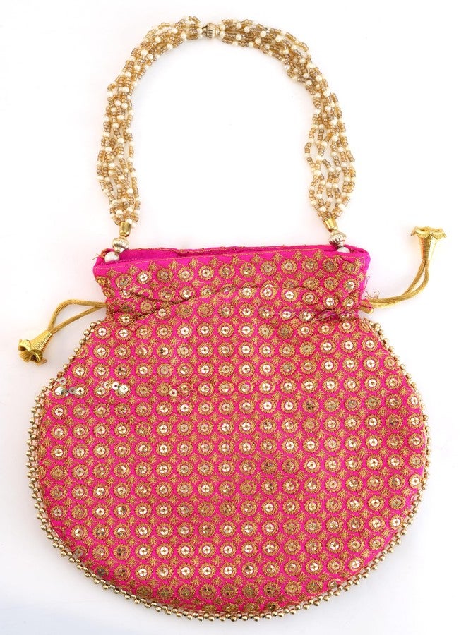 SUMERA WARQ Potli Bag Golden work wedding potli for ladies Gift for women handbags traditional Indian Wristlet with Drawstring Ethnic Embroidery Fashion Potli. (Pink) - Image 4