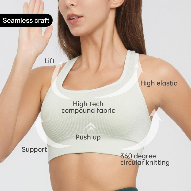 AMRIY Women's Seamless Ribbed Bra with Racerback Medium Support Activewear Sports Bra with Removable Pads, Wide Straps Comfort Fit for Everyday Yoga Green Blue, M - Image 3