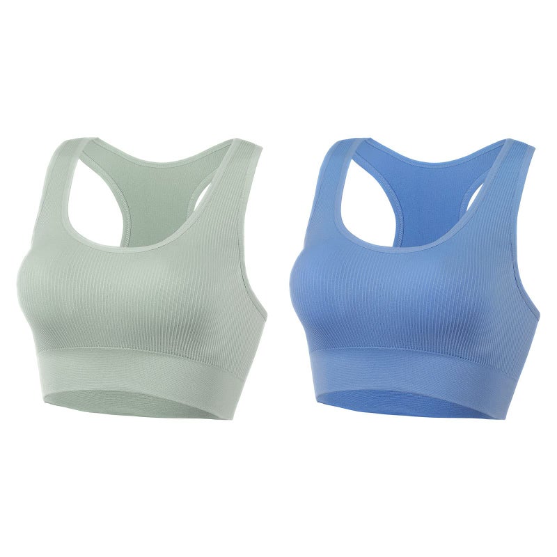 AMRIY Women's Seamless Ribbed Bra with Racerback Medium Support Activewear Sports Bra with Removable Pads, Wide Straps Comfort Fit for Everyday Yoga Green Blue, M - Image 1