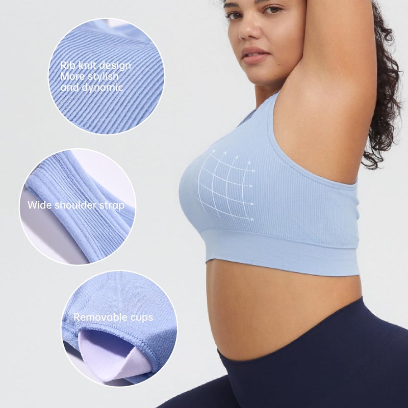 AMRIY Women's Seamless Ribbed Bra with Racerback Medium Support Activewear Sports Bra with Removable Pads, Wide Straps Comfort Fit for Everyday Yoga Green Blue, M - Image 4