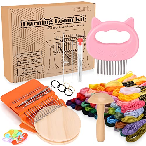 Caydo Speedweve Darning Mini Loom Kits Machine with 50 Color Threads, Sock Darning Mushroom Egg, Complete Darning Kit for Beginners Quickly Mending Jeans Socks, DIY Artful Patterns, Repair Clothes - Image 1
