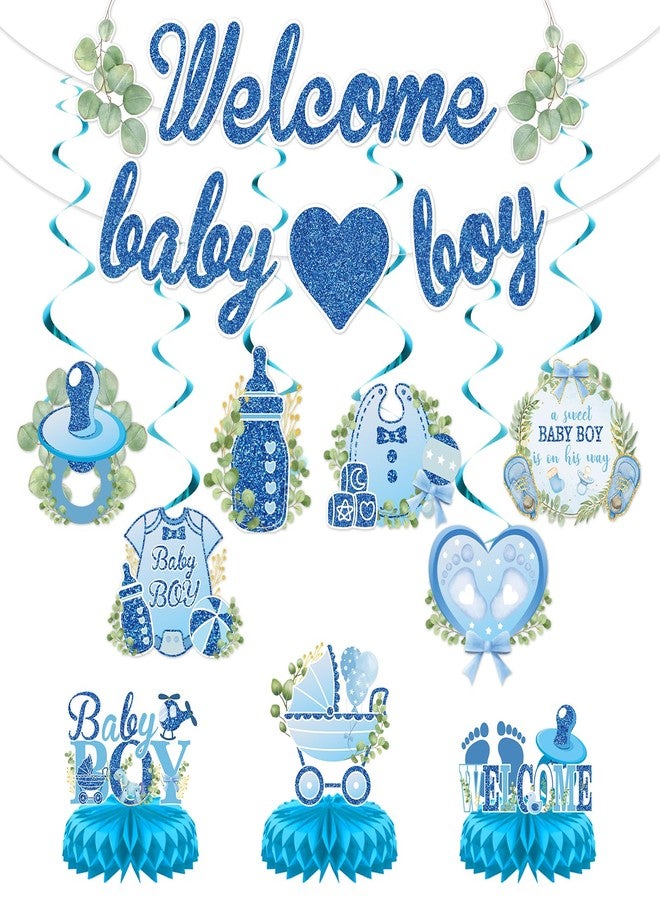 LUUFILx Welcome Baby Boy Baby Shower Decorations Welcome Baby Banner 6Hanging Swirls and 3 It's a Boy Baby Shower Centerpieces A Sweet Baby Boy is on His Way Gender Reveal Decorations for Boy Birthday Supplies - Image 1