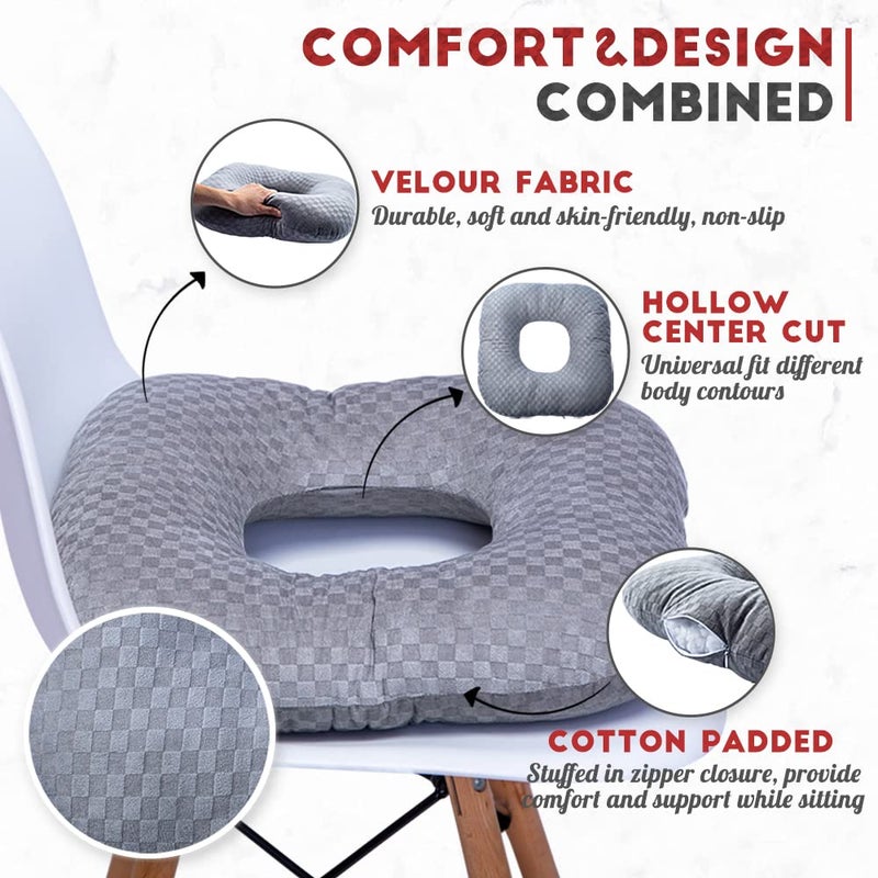 Vinban Stuffed Donut Pillow Seat Cushion | for Tailbone and Coccyx Pain, Hemorrhoids, Bed Sores, Pregnancy, Prostate, Surgery Recovery, Sitting Pressure Relief, for Home, Office and Car (Grey) - Image 2