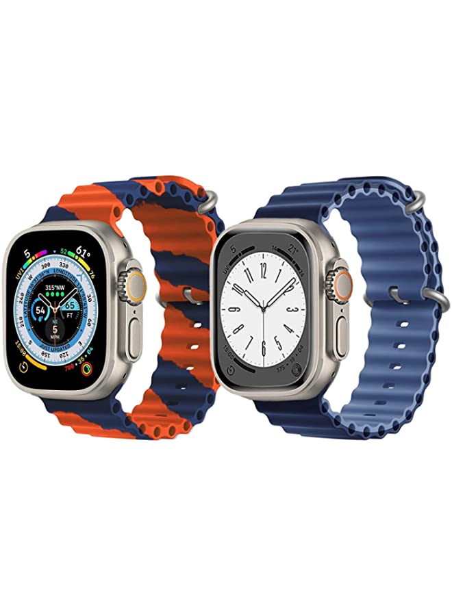 IAF Silicone Ocean Band Strap for Apple Watch Ultra 8 49mm Orange/Blue Double Line Strap with Navy Blue/Blue Double Side Strap Set of 2