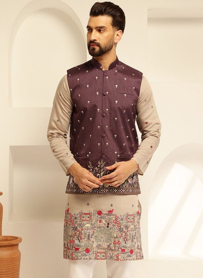 Sojanya Burgundy Embroidered Nehru Jacket for Men - Image 1