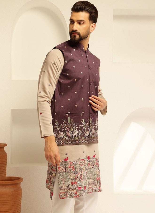 Sojanya Burgundy Embroidered Nehru Jacket for Men - Image 3