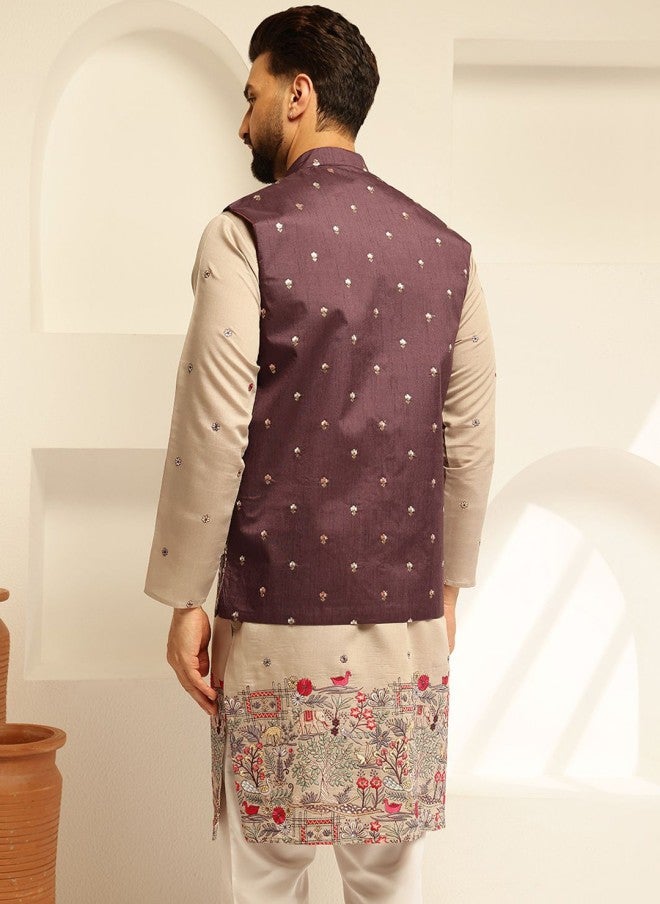 Sojanya Burgundy Embroidered Nehru Jacket for Men - Image 5