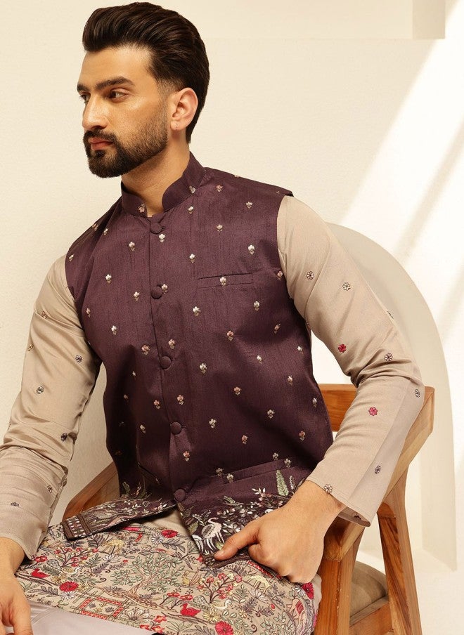 Sojanya Burgundy Embroidered Nehru Jacket for Men - Image 2