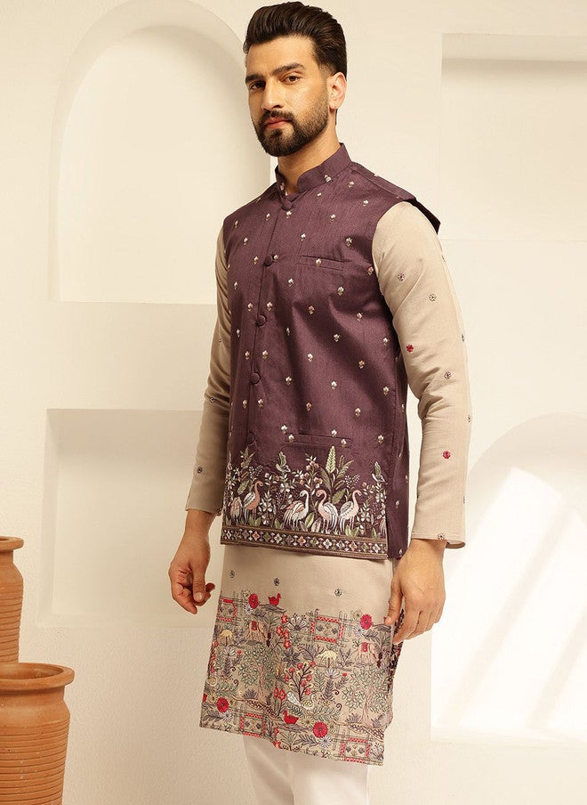 Sojanya Burgundy Embroidered Nehru Jacket for Men - Image 4