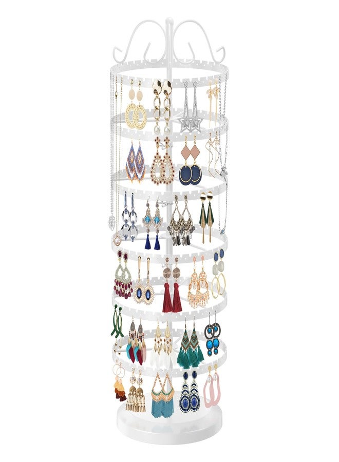 LASZOLA 6 Tier White Earring Holder Organizer Tree Women Display Storage for Stud and Hoop, Large Cool Rotating Clip Stand for Pierced and Dangle Earring, Vertical Metal Tower Carousel with 480 Holes - Image 1