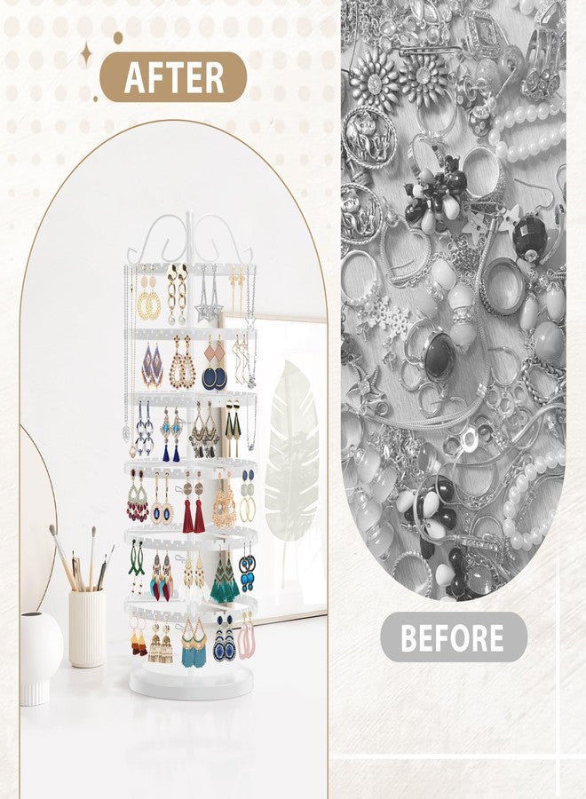 LASZOLA 6 Tier White Earring Holder Organizer Tree Women Display Storage for Stud and Hoop, Large Cool Rotating Clip Stand for Pierced and Dangle Earring, Vertical Metal Tower Carousel with 480 Holes - Image 3