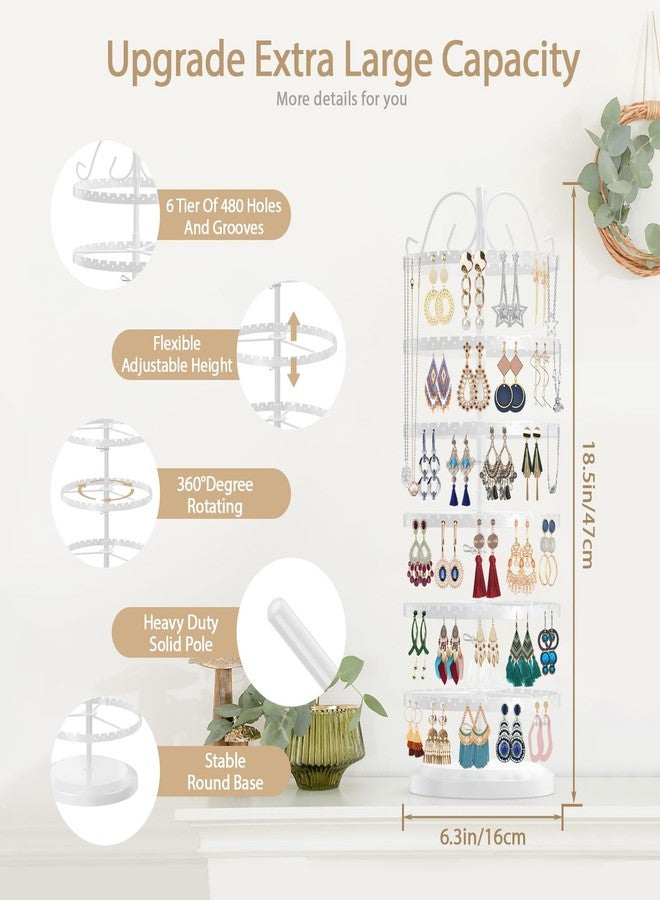 LASZOLA 6 Tier White Earring Holder Organizer Tree Women Display Storage for Stud and Hoop, Large Cool Rotating Clip Stand for Pierced and Dangle Earring, Vertical Metal Tower Carousel with 480 Holes - Image 2
