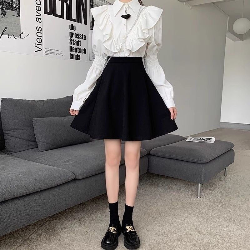 Spring and Summer Thin Suit Puff Skirt Womens New High Waist All-match Pleated Skirt Small Height Umbrella Skirt for Women Black