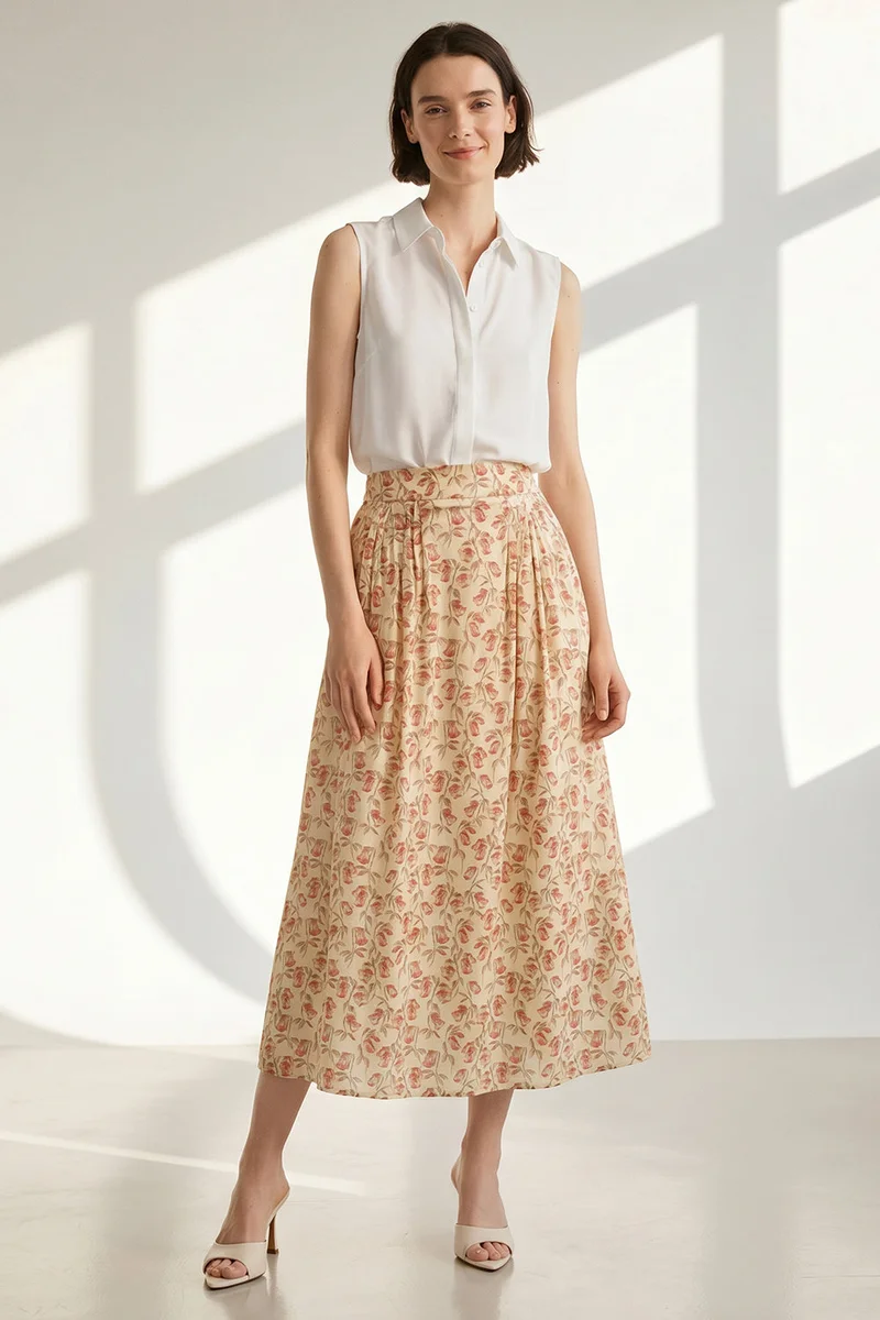 Exquise High-Waisted, Elasticated Back, Pocketed, Regular Midi, Multicolored Skirt