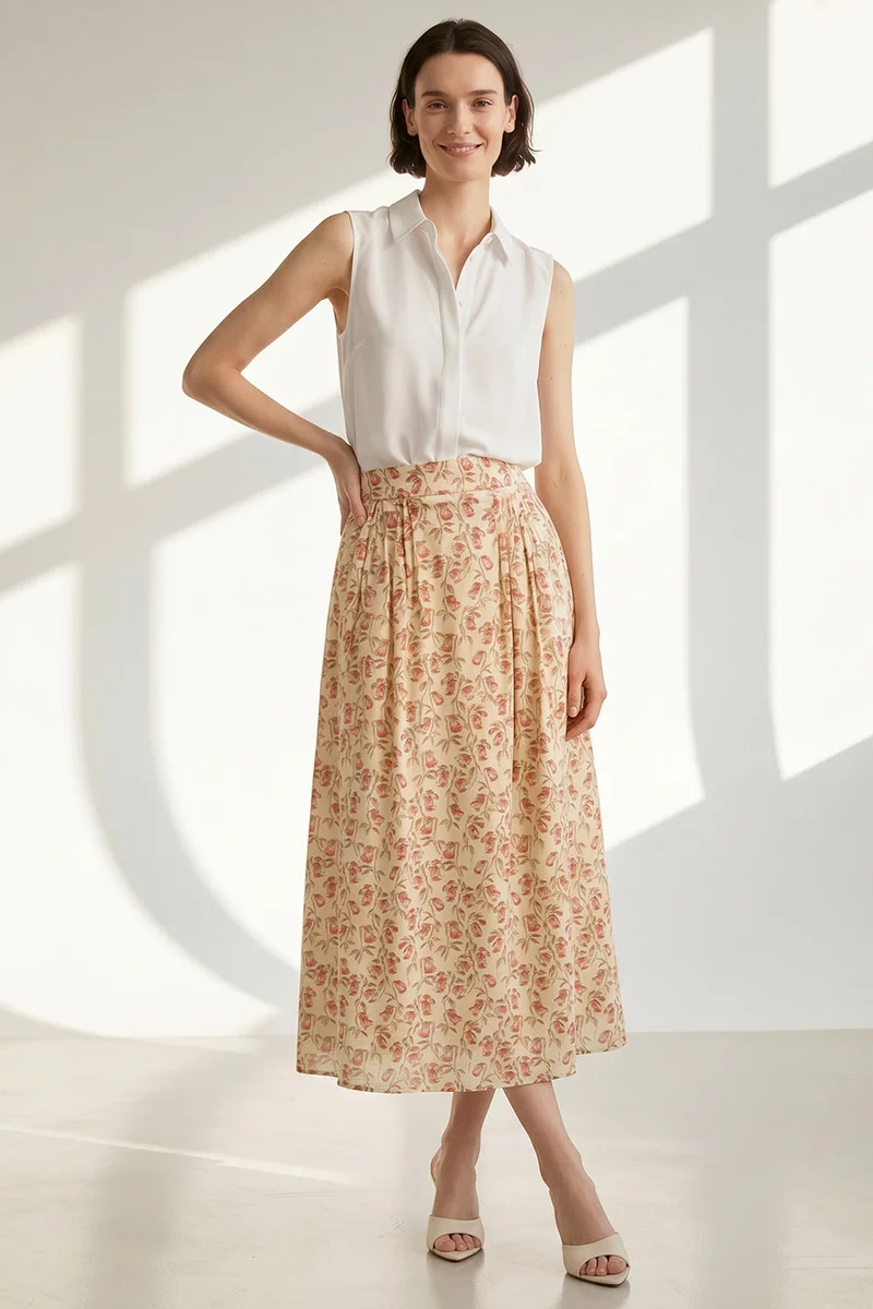 Exquise High-Waisted, Elasticated Back, Pocketed, Regular Midi, Multicolored Skirt