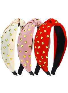 Hotop 3 Pcs Valentine'S Day Heart Knotted Headband For Women Girls Studded Heart Headbands Pink Red White Heart Hair Accessories Wide Hair Bands For Valentine'S Day Costume Party Gift  - Image 1
