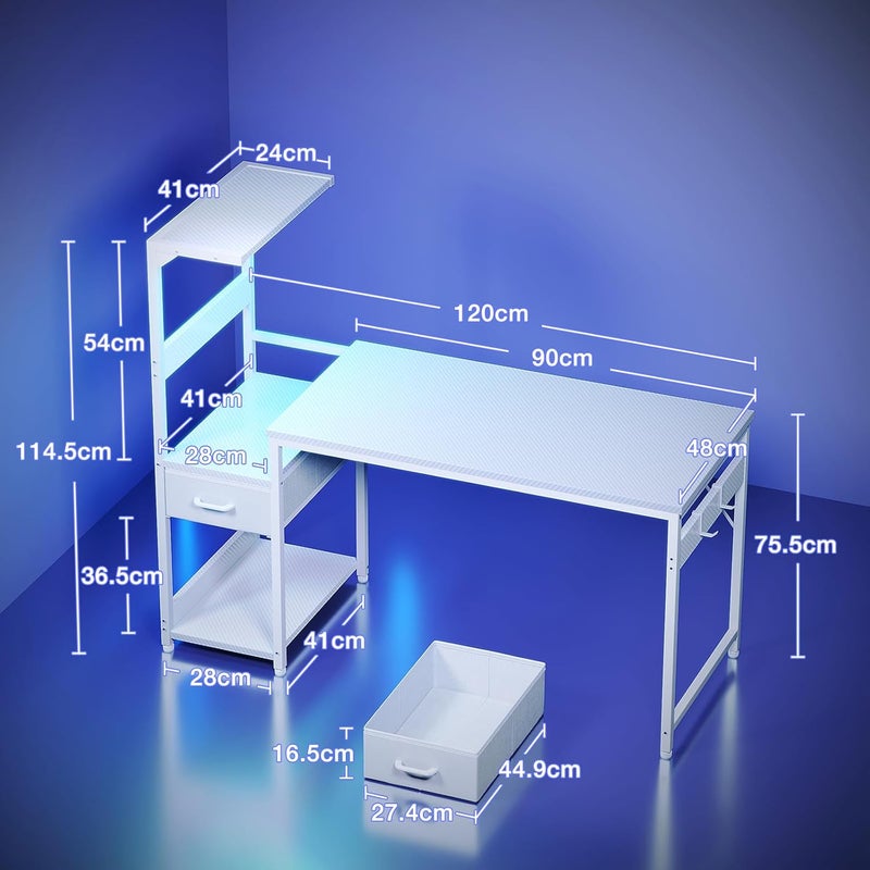 Coleshome 120×48 cm Gaming Desk with LED Lights, Reversible Computer Desk with Drawers & Display Shelves, Gaming Table with Headphone Hook, Carbon Fiber White - Image 3