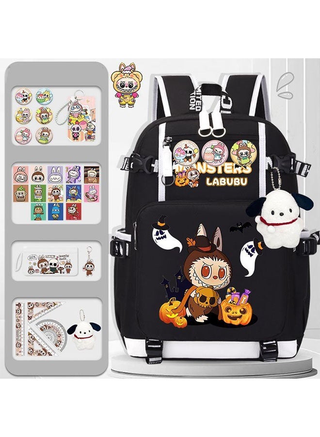 Beauenty School Bag for Boys and Girls, Laptop School Backpack with Large Capacity and Waterproof,Children School Bags + Pen Pouch & Pendant, Stationery, labubu