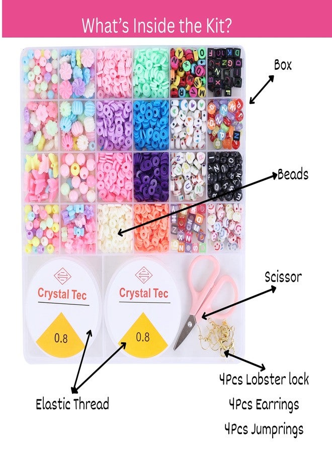 Ambitieux Bracelet Making Kit for Girls | DIY Jewellery Craft Set with 24 Types of Beads, Elastic Rolls & Scissors | Creative Art & Craft Gift Toy for Kids Girls Age 4–12 Years (Clay multicolor alphabet) - Image 2