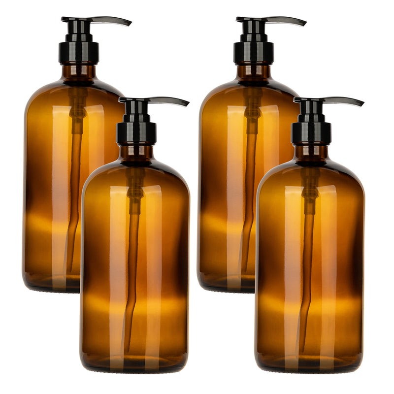 32 Ounce Glass Pump Dispenser Bottle Large Amber Container with Pump for Shower and Bath Shampoo Soap Conditioner Lotion  1 Liter  by Kitchentoolz