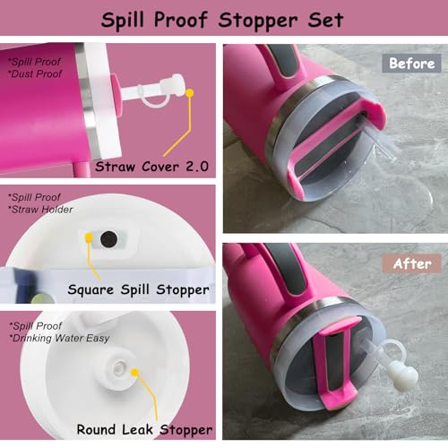 vikgle Stanley Cup Accessories Set,Including 2 Pcs 0.4in Straw Cover, 1 Silicone Spill-Proof Stopper Set of 3, 1 Cute Heart Handle Charm, 1 Silicone Boot Fits Stanley 40&30 Oz Tumbler (Fuchsia) - Image 5