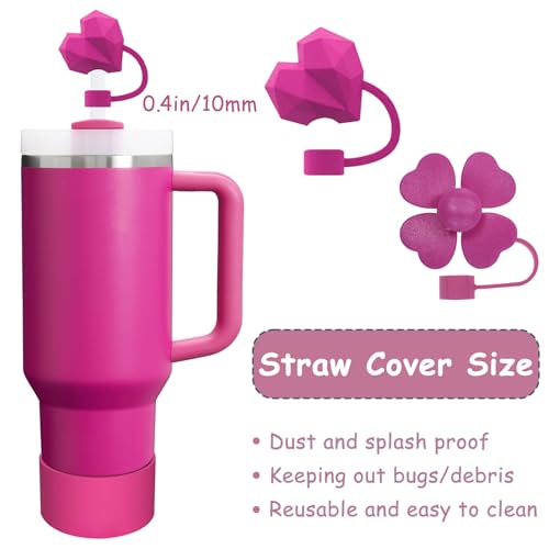 vikgle Stanley Cup Accessories Set,Including 2 Pcs 0.4in Straw Cover, 1 Silicone Spill-Proof Stopper Set of 3, 1 Cute Heart Handle Charm, 1 Silicone Boot Fits Stanley 40&30 Oz Tumbler (Fuchsia) - Image 2