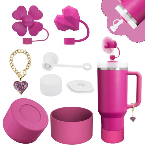 vikgle Stanley Cup Accessories Set,Including 2 Pcs 0.4in Straw Cover, 1 Silicone Spill-Proof Stopper Set of 3, 1 Cute Heart Handle Charm, 1 Silicone Boot Fits Stanley 40&30 Oz Tumbler (Fuchsia) - Image 1