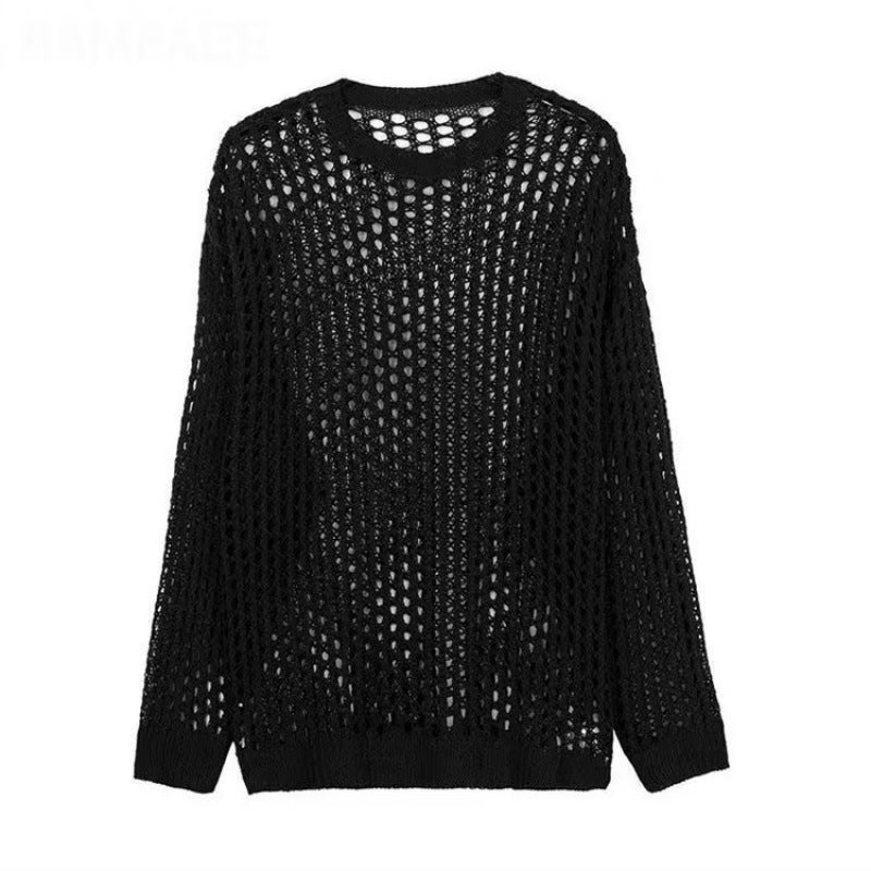 2024 New Autumn Hollow Loose Fashion Knitted Mesh Crewneck Multicolor Top Gender-free Wear Military green - Image 4