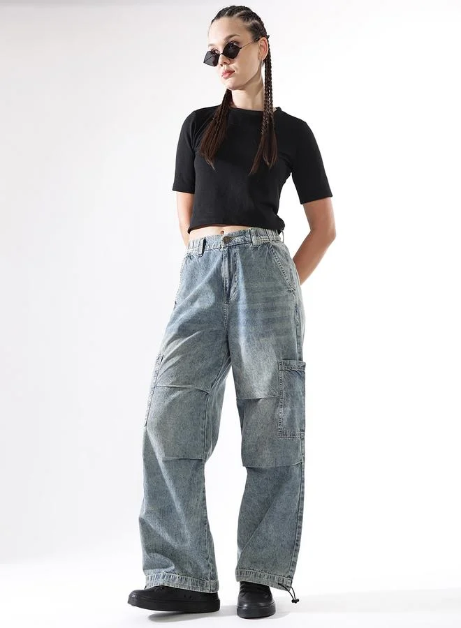 Women Baggy Fit Parachute Cargo High-Rise Light Fade Jeans